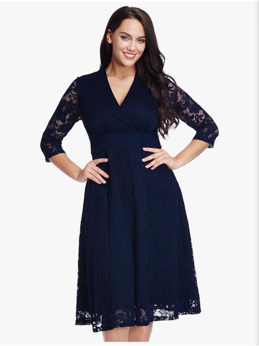 Navy Lace Wrap V-Neck Midi Dress